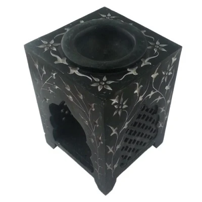 Image of Black Elven Square Jali Soapstone Essential Oil Burner/Aromatherapy Burner Large