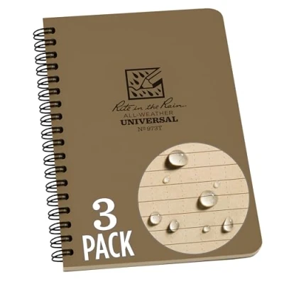 Image of Rite in the Rain Weatherproof Side Spiral Notebook, 4.625&quot; x 7&quot;, Tan Cover, Universal Pattern, 3 Pack (No. 973TL3)