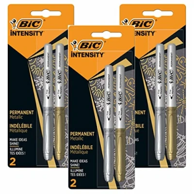 Image of 6 x Bic Intensity Metallic Permanent Marker Pens, Fine Point with Bullet Tip Nib for Coated Paper, Photos, Glass, Metal, Plastics, CDs &amp; More [Gold Silver Colour Ink]