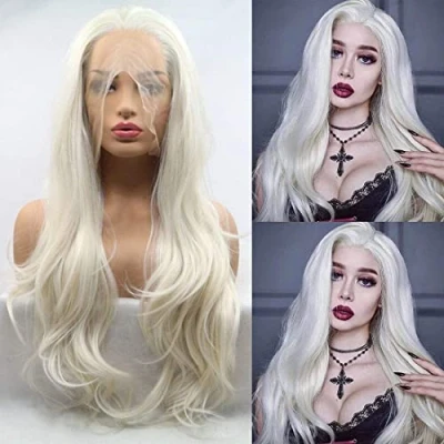 Image of Blonde Wig White Lace Front Wigs for Women Long Wavy Realistic Natural Hairline Platinum Curly Synthetic Glueless Heat Resistant Fiber Hair Cosplay Daily 26 Inch