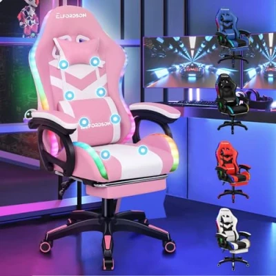 Image of ELFORDSON Gaming Chair with RGB LED Light, 8 Point Massage Computer Office Lumbar Support Footrest 82cm High Back 150 Recliner, Pink &amp; White