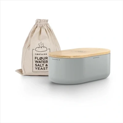 Image of LARS NYSØM Bread bin I Metal box with linen bag for long lasting freshness bamboo lid usable as cutting board 14.2x7.5x5.1 In (Ash Gray)