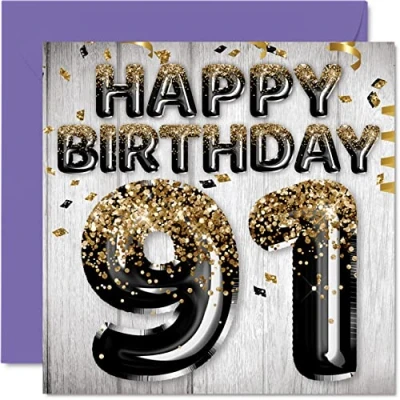 Image of 91st Birthday Card for Men Black &amp; Gold Glitter Balloons Happy Cards 91 Year Old Man Dad Great Grandad Grandpa Gran, 145mm x Ninety One First Bday Greeting Gift