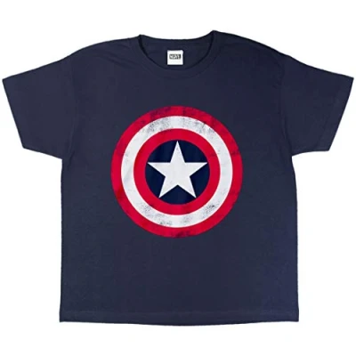 Image of Marvel Crew Neck T Shirt for Boys, Captain America Distressed Shield Print, 100% Cotton, Official Merchandise, Ages 3 to 15 Avengers Shirt, Gift Idea Boys Navy