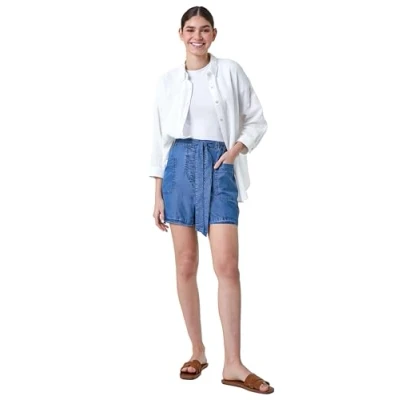 Image of Roman Womens Elastic Tie Waist Pocket Shorts Blue Size 18 UK