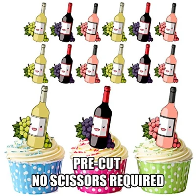 Image of AK Giftshop PRE CUT Wine Mix Edible Cupcake Toppers/Cake Decorations (Pack of 12)