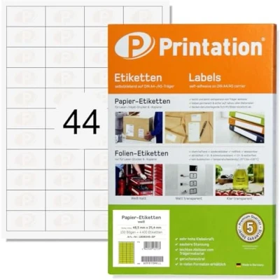 Image of Printation Amazon FBA Labels 44 per Page 48.5 x 25.4 mm, 4400 Barcode / 100 A4 Sheets 4x11 Shipping Labels/White Self Adhesive Blank Inkjet &amp; Laser Printable Stickers