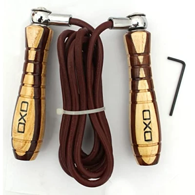 Image of Wooden Handle Weighted Adjustable Leather Skipping Rope, Jump Speed Jumping Weight Loss, Exercise, Fitness Workout Training, Cordiovascular