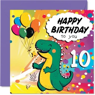 Image of 10th Birthday Card Boy Roarsome Dinosaur Party for 10 Year Old Boy, Age Boys Cards Tenth Card, 145mm x Cute Greeting