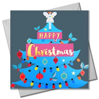Image of Christmas Card, Fairy on a blue Tree, text foiled in shiny gold