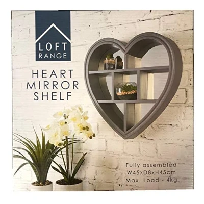Image of Loft Heart Shaped Mirror Shelf Wall Mounted Flosting Shelves Home Decor Grey 45x45cm