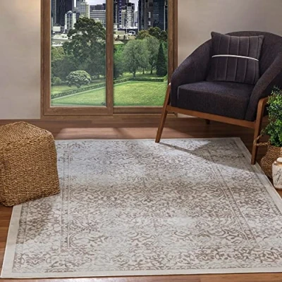 Image of Livabliss Faro Vintage Rug Area Rugs for Living Room 120x170 cm, Bedroom Scandi Neutral Rug, Traditional Patterned Boho Style, Natural Easy Care Pile Large Taupe, Ivory and Grey
