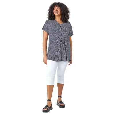 Image of Roman Womens Ditsy Spot Print V Neck Stretch Top Navy Size UK 30 32
