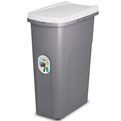 Image of Home Centre Plastic Lift Top Lid Waste Bin Kitchen School 40 Litre White Grey Slim Recycling General Trash &amp; Storage Recycled Rubbish Organiser Container Dustbin Sturdy Quality Made in Italy
