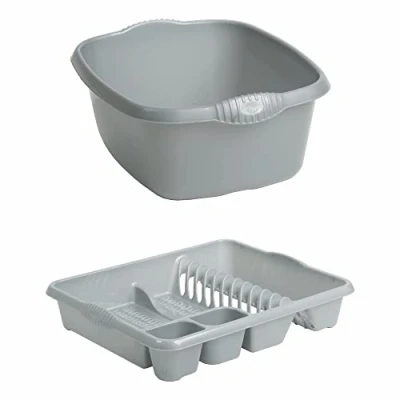 Image of M1SS Set of Silver 39cm Rectangular Washing up Bowl with Large Dish Drainer Plate Rack Draining Board Tray Stand Sink Holder Kitchen Organiser, Grey