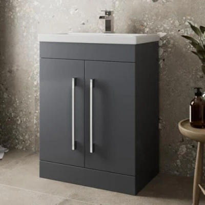 Image of AURORA® 600mm Freestanding Vanity Unit Furniture, Wash Basin Bathroom Sink, Soft Close Door, Storage Cabinet, Grey Gloss