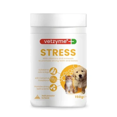 Image of Vetzyme Stress Supplement Powder for Dogs and Cats Balanced Multi Mineral Vitamin Supplement, Promotes Strong Teeth Bones (150g)