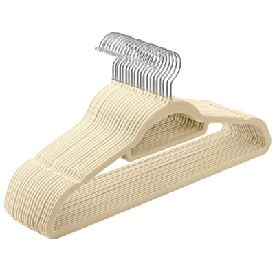 Image of SONGMICS Velvet Hangers, Set of 20 Clothes Coat Non Slip, with Tie Bar and 360 Swivel Hook, Space Saving, 0.6 cm Thick, 43.5 Long, for Dresses Trousers, Beige CRF020M20