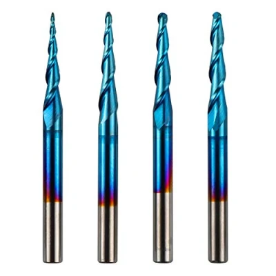 Image of Genmitsu 4pcs 2 Flute Tapered Ball Nose End Mills Tungsten Carbide Cutter with Nano Blue Coat, R0.25 1.0, 1/8 Shank, TB04A