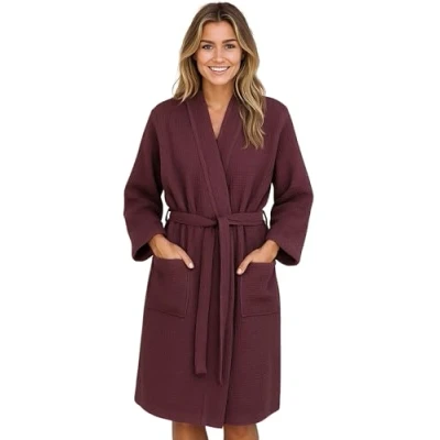 Image of Morgenstern Dressing Gown Women Waffle Robe Cotton Lightweight Size M Bordeaux