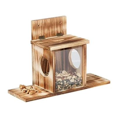 Image of Relaxdays Squirrel Feeder, Wooden, 2 Entrances &amp; Standing Platform, Feeding Station, Nut Seed Dispenser, Natural, Wood, 24 x 35 13 cm