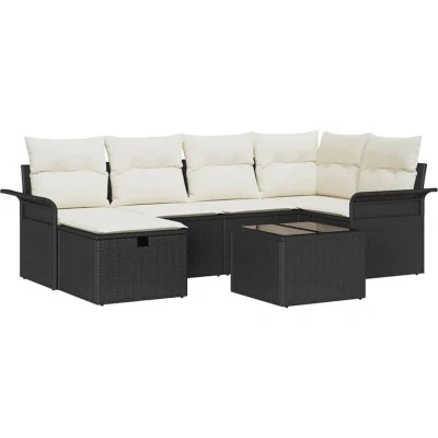 Image of vidaXL 7 Piece Garden Sofa Set with Cushions Black Poly Rattan