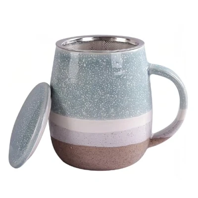 Image of Ceramic Tea Cup with Loose Leaf Infuser, Infuser Mug Lid, 450ml, Gradient Blue 450ml