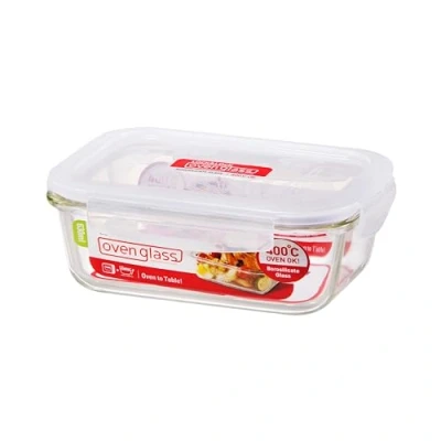 Image of LocknLock Eco Ovenglass Glass Food Storage Containers with Lids 630ml Airtight, Leakproof Rectangular Container Recycled Plastic Lid, Oven Safe, Dishwasher 17.5 x 13 6.5cm