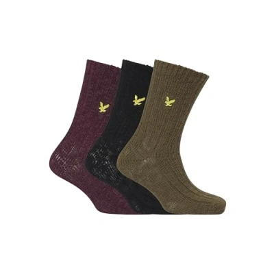 Image of Lyle &amp; Scott Men’s Forest 3 Pack Chunky Knit Socks New for AW24 Perfect Casual and Outdoor Wear Size UK 7 11 (Black/Wine Tasting/Dark Olive)