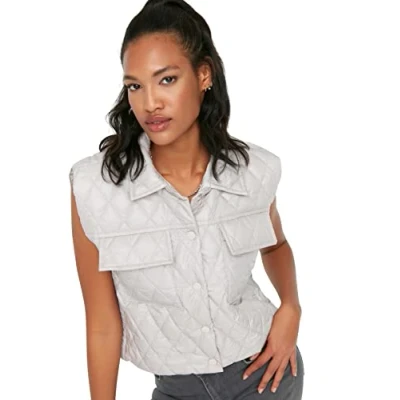 Image of Trendyol Women&#039;s Lapel Collar Plain Regular Vest Sweater, Stone, M UK