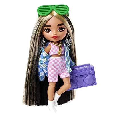 Image of Barbie Extra Minis Doll #2 (5.5 in) Wearing Checkered 2 Piece Fashion &amp; Jacket, with Stand Accessories Including Shutter Sunglasses and Boombox, Gift for Kids 3 Years Old Up​