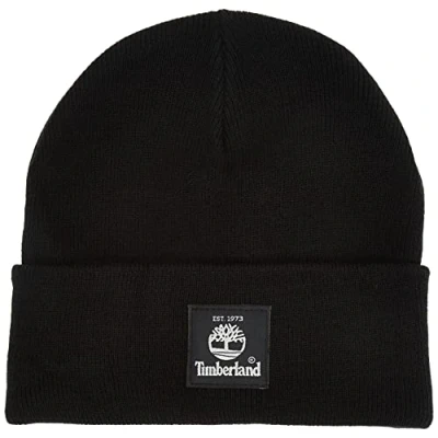 Image of Timberland Men&#039;s Short Watch Cap With Woven Label Cold Weather Hat, Black Os, One Size UK