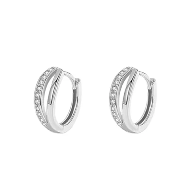 Image of EVELYN 925 Sterling Silver Small Hoop Earrings for Women, Double Line Huggie Hinged Hoops Created with Austrian Crystals Zircondia