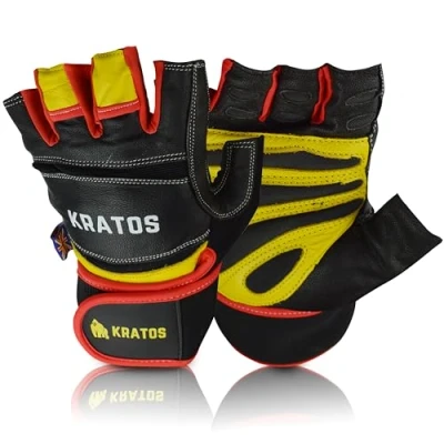 Image of Kratos Weight Lifting Gloves Men &amp; Women Anti Slip Padded Gym with Wrist Support Breathable Durable Leather Workout for Exercise, Training, Calisthenic Crossfit Training