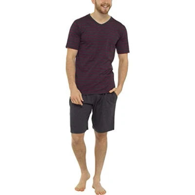 Image of Tom Franks Mens Striped Cotton Jersey T Shirt &amp; Short Pyjamas Grey Marl Red Large