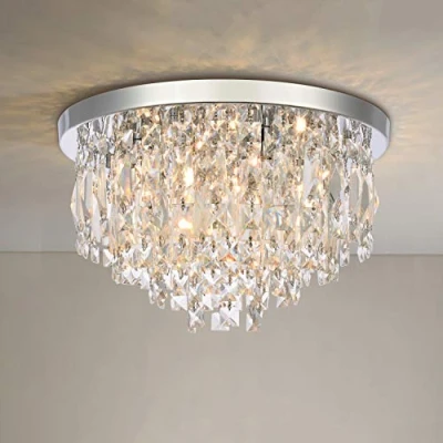 Image of A1A9 Modern Crystal Chandeliers Ceiling Lights, Clear K9 Chrome Flush Mount Elegant Round LED Pendant Lamp for Living Room, Dining Bedroom, Lounge (Diameter 40cm)