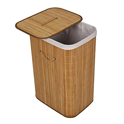 Image of WilTec Bamboo Laundry Basket 72L Foldable with Rectangular Lid, Carrying Handles and Removable Cloth Bag