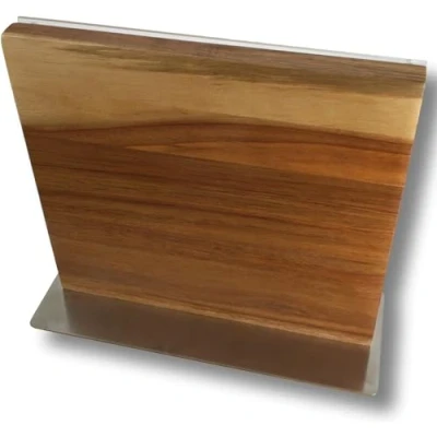 Image of Wooden Magnetic Knife Rack in Natural Acacia Wood, Storage Block for Kitchen with Stainless Steel Base