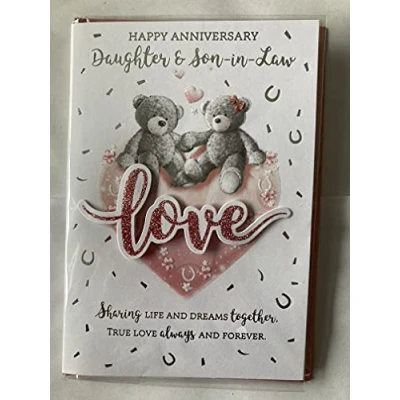 Image of Happy Anniversary Daughter &amp; Son In Law Love Wedding Card Grey Teddies/Pink Heart/Silver Words 3D/Glitter/Foil Detail(PRELUDE47269)