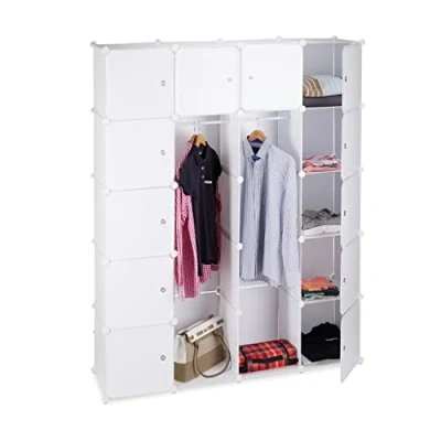 Image of Relaxdays 14 Compartment Shelving Unit Wardrobe, Modular Plug In Plastic Shelf, 2 x Clothes Rails