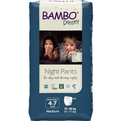 Image of Bambo Dreamy Night Pants Nappies, Pull Up Pants, Eco Time Nappies Keep Beds Dry All Night, Ups Training Secure, Comfortable, Potty Children Aged 4 7, 15 35kg, 10PK