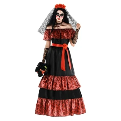 Image of Morph Senora Day of the Dead Women Costumes For Plus Size, Dia De Los Muertos Costume Women, Dress La Catrina Large