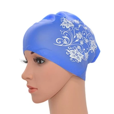 Image of Medifier Women Ladies Flower Print Elastic Silicone Water Pool Swimming Hat Cap Ear Wrap for Long Hair Adults(Blue)