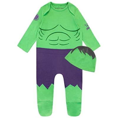 Image of Marvel Incredible Hulk Babygrow And Hat Avengers Baby Sleepsuit Superhero Boys’ Sleepsuits Green 0 3 Months