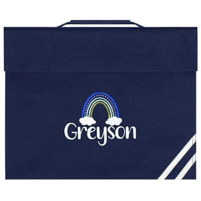 Image of TeddyT&#039;s Personalised Rainbow School Embroidered Name Book Bag (Navy Blue)