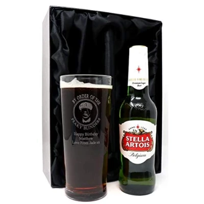 Image of Personalised Pint Glass &amp; Beer Peaky Blinders Design (Stella Artois Premium Lager Beer, Silk Lined Gift Box)