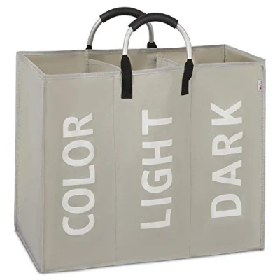 Image of Vinsani Colour Light Dark 3 Sections Laundry Hamper Collapsible Bag Foldable Cloth Basket Portable Storage Bin with Carry Handles for Bathroom Bedroom, Grey