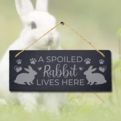 Image of Stukk Spoiled Lives Here Laser Hanging Rabbit Bunny Sign, Natural Engraved Slate Stone Plaque, 30x12cm