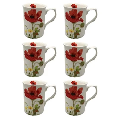 Image of Kirsty Jayne China 10Fl oz Bone Wild Poppy Beakers, Mugs Gift Boxed (Set of 6)