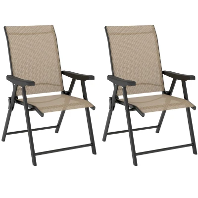 Image of Outsunny Set of 2 Folding Chair, Garden Chair with Breathable Mesh Back and Seat, Outdoor Camping Chairs Armrests, Steel Frame for Deck Balcony, Brown